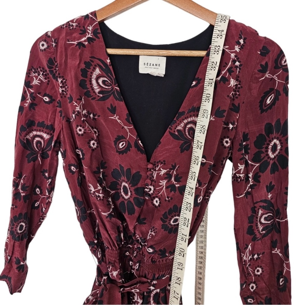 French Sezane Silk Floral Burgundy Wrap Dress with tie Belt - Picture 5 of 9